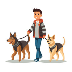 Young boy walking two happy dogs, one large one small, wearing collars leashes. Pet care outdoor activities animals vector illustration