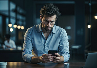 Serious young businessman using smartphone while sitting at table in dark office