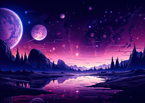 Fantasy landscape with mountains, lake, moon and stars Vector illustration