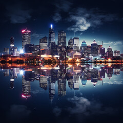 A city skyline reflected in the water at night.