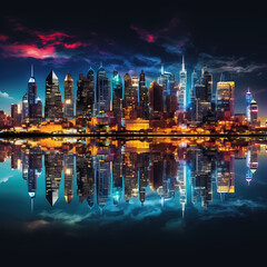 A city skyline reflected in the water at night.