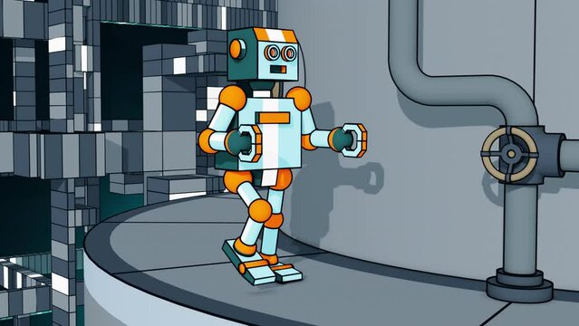 Robot surrounded by a techno city. Cartoon 3D robot walks through an industrial city. Looping animation.