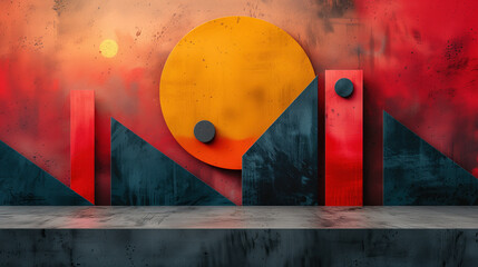 Complex geometric shapes. Colorful abstract 3D geometric background with red, yellow, blue colors