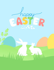 Happy Easter bright card with rabbits and eggs. Vector illustration.