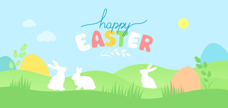 Happy Easter bright banner with rabbits, eggs and lettering. Vector illustration.