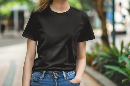 black t-shirt mockup in woman