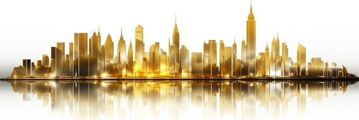 Abstract golden skyscrapers, skyline, geometric shapes of high-rise buildings, banners on white background - obrazy, fototapety, plakaty