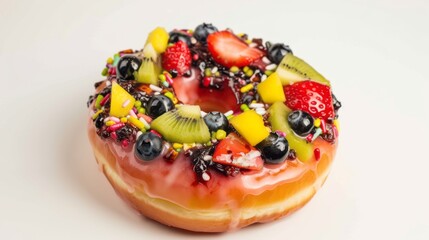 A donut is decorated with a variety of colorful and fruity toppings, including chopped strawberries, kiwi, and blueberries