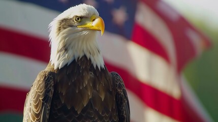 Naklejka premium Bald eagle on the background of the American flag