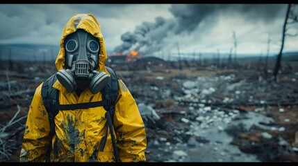 Person with a yellow anti radioactive chemical suit and a gas mask after a nuclear war with a devastated landscape. - obrazy, fototapety, plakaty