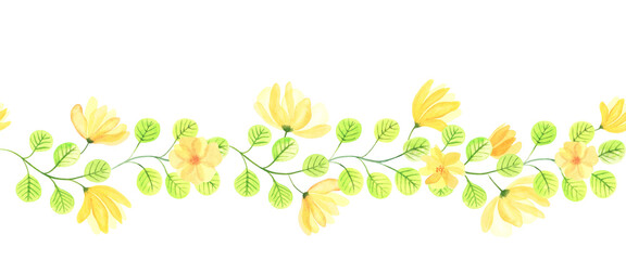 Repeated seamless floral border stripe with bright green leaves. Watercolor hand drawn illustration isolated on white background. Yellow transparent flowers. For design. decoration, wallpaper, textile