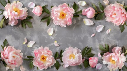 Beautiful flowers on grey background. Tender pink peonies frame with copy space