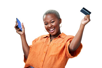 Woman, phone and portrait with credit card for success of online shopping, ecommerce or excited for fintech. Black person, customer or internet banking for sale isolated on png transparent background - obrazy, fototapety, plakaty