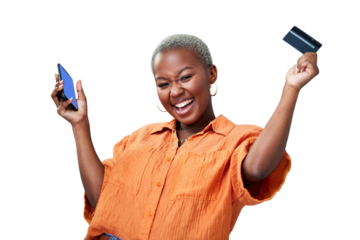Woman, phone and portrait with credit card for success of online shopping, ecommerce or excited for fintech. Black person, customer or internet banking for sale isolated on png transparent background
