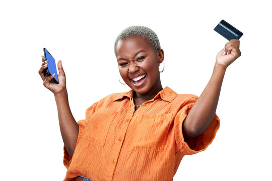 Woman, phone and portrait with credit card for success of online shopping, ecommerce or excited for fintech. Black person, customer or internet banking for sale isolated on png transparent background