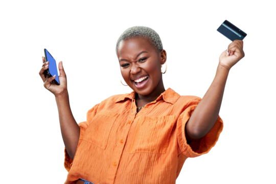 Woman, phone and portrait with credit card for success of online shopping, ecommerce or excited for fintech. Black person, customer or internet banking for sale isolated on png transparent background