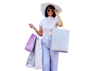 Retail, shopping and woman with hat, bags and style for transparent, isolated and background for fashion for sales. Sunglasses, happy and designer female store png for luxury, smile or discount
