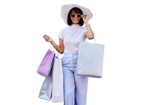 Retail, shopping and woman with hat, bags and style for transparent, isolated and background for fashion for sales. Sunglasses, happy and designer female store png for luxury, smile or discount