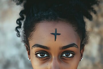 Girl made a cross forehead. Ash wednesday concept - obrazy, fototapety, plakaty