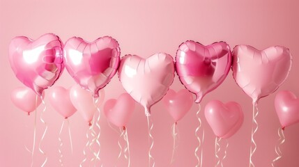 Pink heart shaped helium balloons on pink background