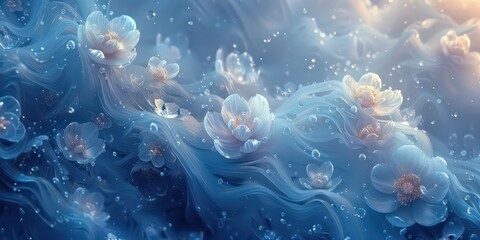 Frozen flowers in abstract art, blue tones in swirling water and ice, evoking serene tranquility and delicate beauty. - obrazy, fototapety, plakaty