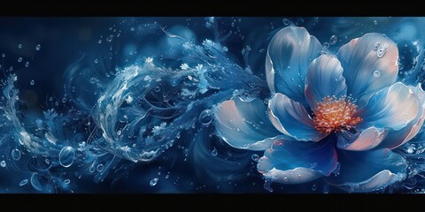 Frozen flowers in abstract art, blue tones in swirling water and ice, evoking serene tranquility and delicate beauty.