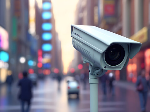 City street security camera surveillance system for motion and face identity identification or recognition sensor, live monitoring, and futuristic recording video concept as large banner copy space.