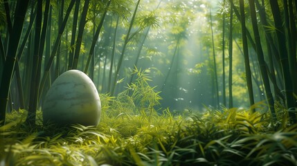 Within a tranquil bamboo forest, a World Easter egg stands amidst a sea of swaying stalks, its surface reflecting the dappled sunlight filtering through the dense canopy - obrazy, fototapety, plakaty