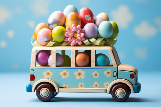 Wooden toy bus loaded with colorful Easter eggs,ai generated
