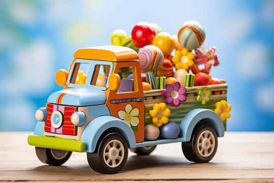 Wooden toy truck loaded with colorful Easter eggs on blue background,ai generated