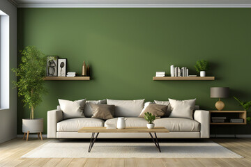 Fototapeta na wymiar Beige sofa in modern living room with green walls,ai generated
