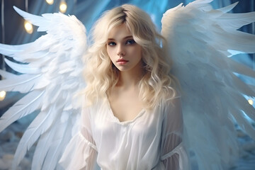 Angel girl with blond hair and wings,ai generated
