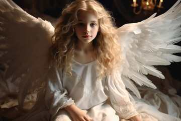 the portrait of a little angel with blond hair, in a white dress and angel wings,ai generated
