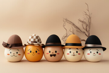 Funny Easter eggs characters with hats and drawn faces on beige background with copy space.ai generated