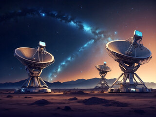 Collection of radio telescopes at night with starry nights releasing with holographic hud as wide banner for space study and exploration and futuristic communication concepts designed.