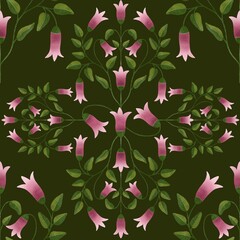 Pink spring flower. floral seamless pattern with Canberra bells flowers on dark background
