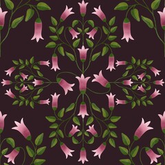 Pink spring flower. floral seamless pattern with Canberra bells flowers on dark background
