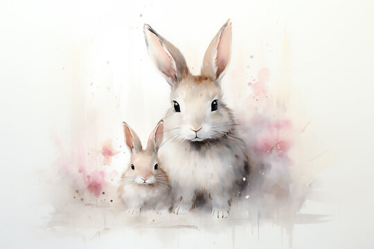 Portrait of a cute mother rabbit and her baby, painted in watercolor on a white background,ai generated