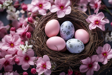 Naklejka na ściany i meble Easter eggs in a nest and pink spring flowers,ai generated