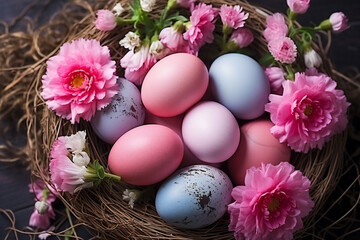 Obraz na płótnie Canvas Nest full of pastel colored eggs and pink flowers, Easter decoration,ai generated