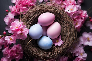 Fototapeta premium Nest with colorful Easter eggs and pink flowers on a dark background,ai generated