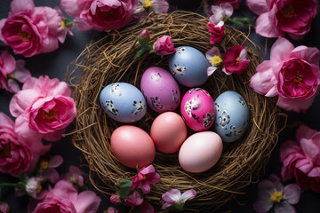 Obraz na płótnie Canvas Easter eggs in a basket and pink flowers on a dark background,ai generated