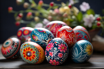 Fototapeta na wymiar Colored Easter eggs on the wooden table,ai generated