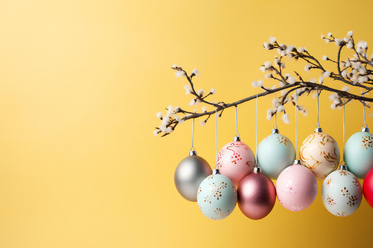 Colored Easter eggs hanging from a cherry blossom branch on a yellow background,ai generated