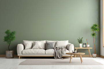 Beige sofa and empty green wall background,modern living room,ai generated - obrazy, fototapety, plakaty
