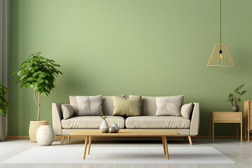 Beige sofa and empty green wall background,modern living room,ai generated