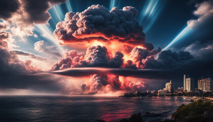 Nuclear Explosion concept illustration. Armageddon, new World War idea. Atomic bomb apocalyptic concept. Huge mushroom cloud. Explosive destruction. Toxic radioactivity. Horizontal cinematic image.