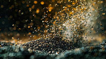 Chia seeds scatter in mid-air against a golden light backdrop, showcasing their dynamic motion and the beauty of healthy foods.
