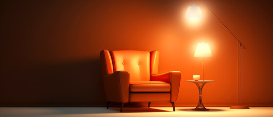 A brown modern armchair and an amber lamp illuminate the room