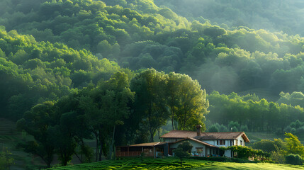 Fototapeta na wymiar An eco-friendly house, with a lush green forest as the background, during a bright sunny day